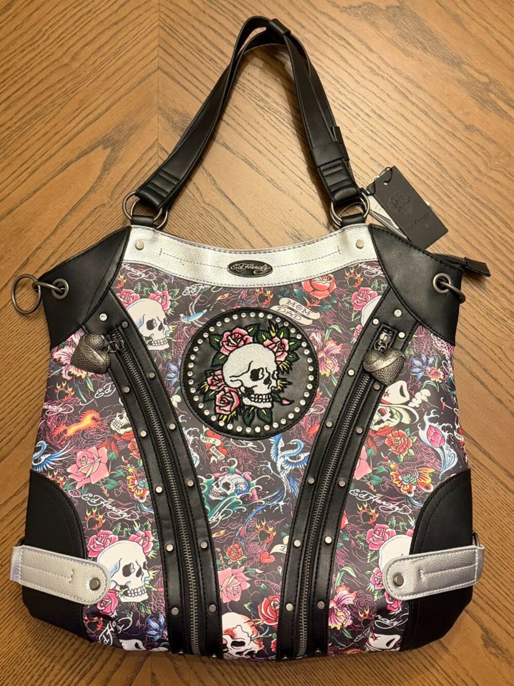 Ed Hardy Y2K Cyber Grunge Tattoo Style "Rose & Skulls" Satchel Tote NEW